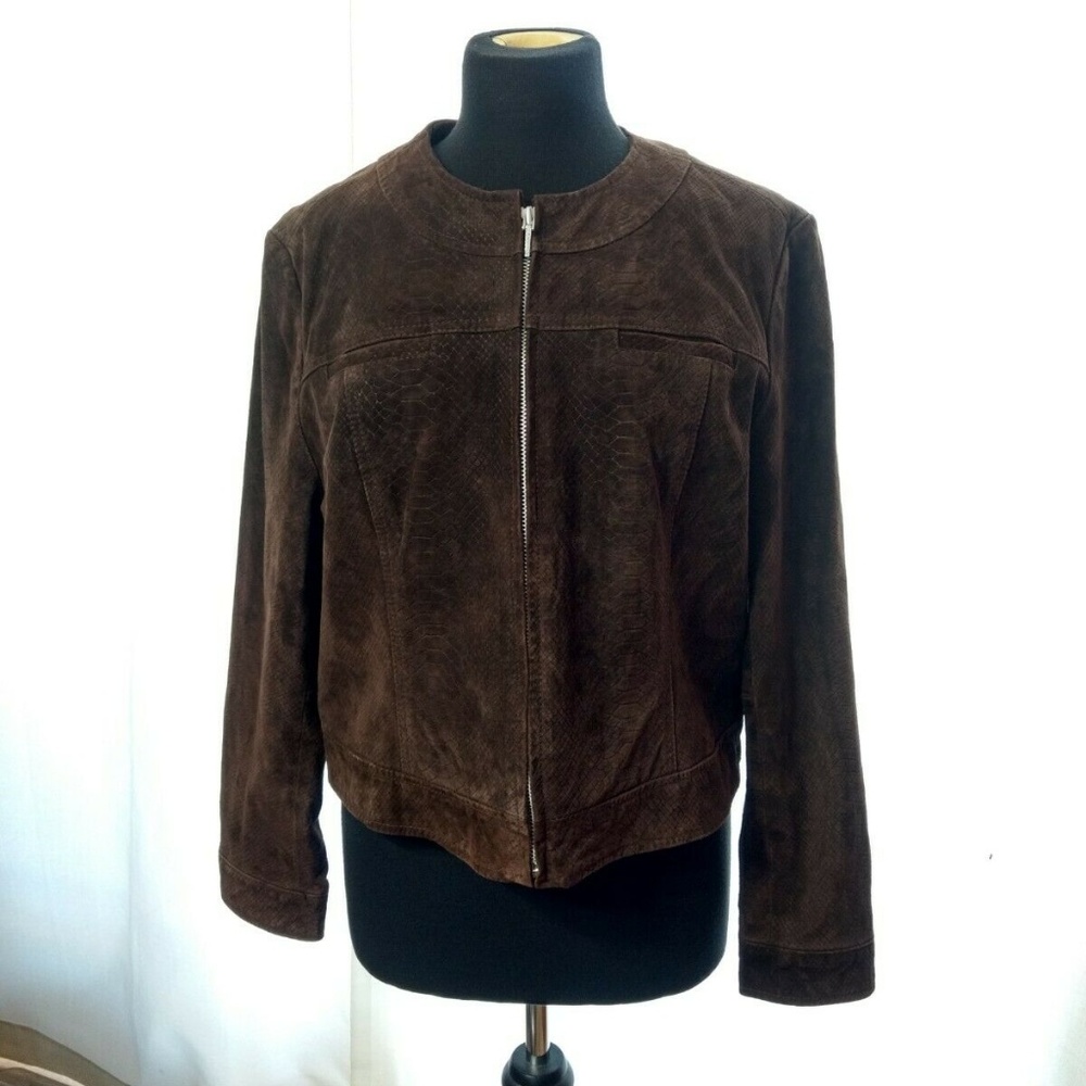 New Bernardo Brown Leather Suede Moto Jacket Size XL Petite XLP Animal Print